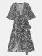 Floral Print Knotted V-neck Half Sleeve Pocket Dress For Women - Black