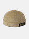 Men & Women Corduroy Adjustable Solid Letters Cloth Patch Retro Crimping Brimless Hat Beanie Landlord Cap Skull Cap - Khaki