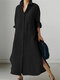 Solid Long Sleeve Slit Hem Button Pocket Shirt Dress - Black