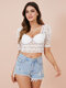 Lace Open Back Tie Underwire Short Sleeve Crop Top - White