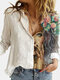 Cartoon Printed Patchwork Lapel Collar Button Long Sleeve Blouse - White