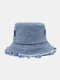 Unisex Washed Denim Solid Colorful Broken Hole Rough Edge All-match Sunscreen Bucket Hat - Purple