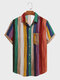 Mens Multicolor Striped Chest Pocket Short Sleeve Shirts - Multicolor