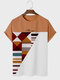 Mens Geometric Patchwork Script Embroidered Crew Neck Short Sleeve T-Shirts - Brown