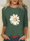 Flower Print Long Sleeves O-neck Casual T-shirt - Green