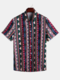 Mens Ethnic Style Stripe Printed Turndown Collar Short Sleeve Loose Casual Shirt - As Picture