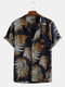 Mens 100% Cotton Leaf Printed Chest Pocket Turn Down Collar Short Sleeve  Shirts - Navy
