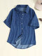 Denim Solid Lapel Button Pocket Short Sleeve Blouse - Blue