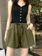 Solid Elastic Waist Pocket Casual Cotton Shorts - Army Green