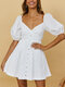 Solid Puff Sleeve Button Open Back Elegant Chiffon Dress - White