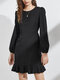 Solid Color Back Hollow-out Ruffle Button A-lined Causal Dress - Black