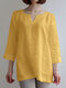 Solid Casual Notch Neck 3/4 Sleeve Blouse - Yellow