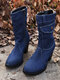 Women Retro Denim Cloth Side Zip Bag Decor Chunky Heel Mid Calf Boots - Dark Blue