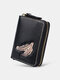 Women Genuine Leather Vintage Zipper Front Feather Embossing Wallet Multiple Card Slots Small Card Holder - Black