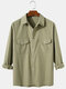 Mens Solid Color Cotton Casual Long Sleeve Shirts With Flap Pockets - Green