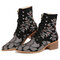 Plus Size Women Elegant Flowers Embroideried Cloth Strappy Chunky Heel Boots - Black