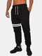 Mens Striped Design Casual Drawstring Fleece Cotton Knitted Sport Beam Feet Pants - Black