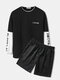 Mens Japanese Print Stitching Casual Long Sleeve Two Pieces Outfits - Black