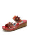 Socofy Genuine Leather Comfy Halcyon Beach Vacation Bohemian Ethnic Floral Decor Wedges Sandals - Red