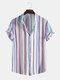 Mens Stripe Print Short Sleeve Lapel Regular Hem Preppy Shirt - Purple