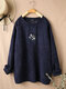 Flower Embroidery Long Sleeve O-neck Corduroy T-shirt For Women - Navy