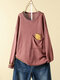 Patchwork Loose O-Neck Long Sleeve Blouse With Pocket - Pink