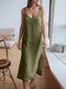 Women Solid Texture Side Split Casual Spaghetti Strap Dress - Army Green