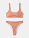 Women Plain Vertical Stripe Wireless Wide Straps High Waisted Bikinis Swimwear - Orange