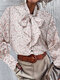 Floral Print Bowknot Collar Button Long Sleeve Women Blouse - White