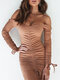 Off-shoulder Solid Color Drawstring Long Sleeve Sexy Dress For Women - Khaki