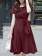 Solid A-line Short Sleeve Crew Neck Dress With Belt - Wine Red