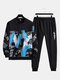 Mens Letter Brush Stroke Print Crew Neck Street Two Pieces Outfits - Black