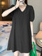 Plain Puff Sleeve V Neck Thigh Length Casual Dress - Black