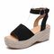 Large Size Women Casual Straw Peep Toe Ankle Belt Buckle Platform Espadrilles Sandals - Black