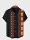 Mens Ethnic Geometric Striped Print Patchwork Lapel Short Sleeve Shirts - Black