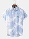 Mens Cloud Sky Print Button Up Lapel Short Sleeve Shirts - Gray
