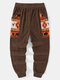 Mens Corduroy Ethnic Pattern Large Pocket Loose Pants - Brown
