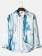 Mens Tie Dye Lapel Button Street Long Sleeve Shirts With Pocket - Blue