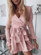 Solid Color Ruffled Hem Long Sleeve V-neck Mini Dress - Pink