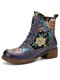 Socofy Vintage Floral Embossed Embroidery Leather Side-zip Comfy Warm Lining Chunky Low Heel Short Boots - Blue