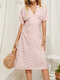 V-neck Bohemian Floral Print Plus Size Short Sleeve Midi Dress - Pink
