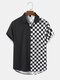 Mens Checkerboard Print Colorblock Button Up Short Sleeve Shirt - Black