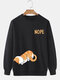 Mens Cartoon Cat Letter Print Crew Neck Pullover Sweatshirts - Black