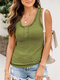 Solid Ribbed Knit Sleeveless Button Crew Neck Tank Top - Army Green