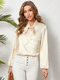 Satin Solid Self-Tie Bow Long Sleeve Elegant Blouse - Apricot