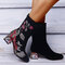 Large Size Women Comfy Flowers Embroidered Mid Calf Zipper Chunky Heel Boots - Black