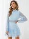 Solid Hollow Layered Long Sleeve High Neck Dress - Blue