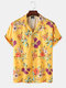 Mens Flower Print Button Up Revere Collar Short Sleeve Shirt - Yellow