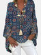 Geometric Printed Long Sleeve V-neck Casual Blosue For Women - Blue