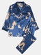 Men Satin Chinese Dragon Print Pajamas Set Patched Sleeve Smooth Breathable Sleepwear Sets - Blue
